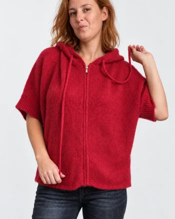 Pulover versatil cu maneca fluture, fermoar si gluga, rosu cu amestec de lana si mohair - Copie