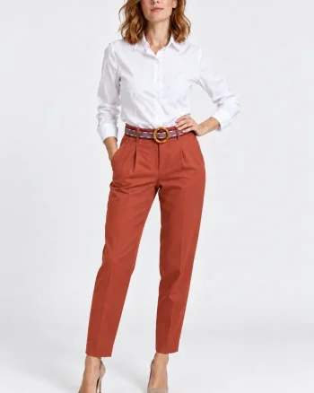 Pantaloni de toamna caramizii lejeri cu pense   croi relaxat, curea asortata inclusa