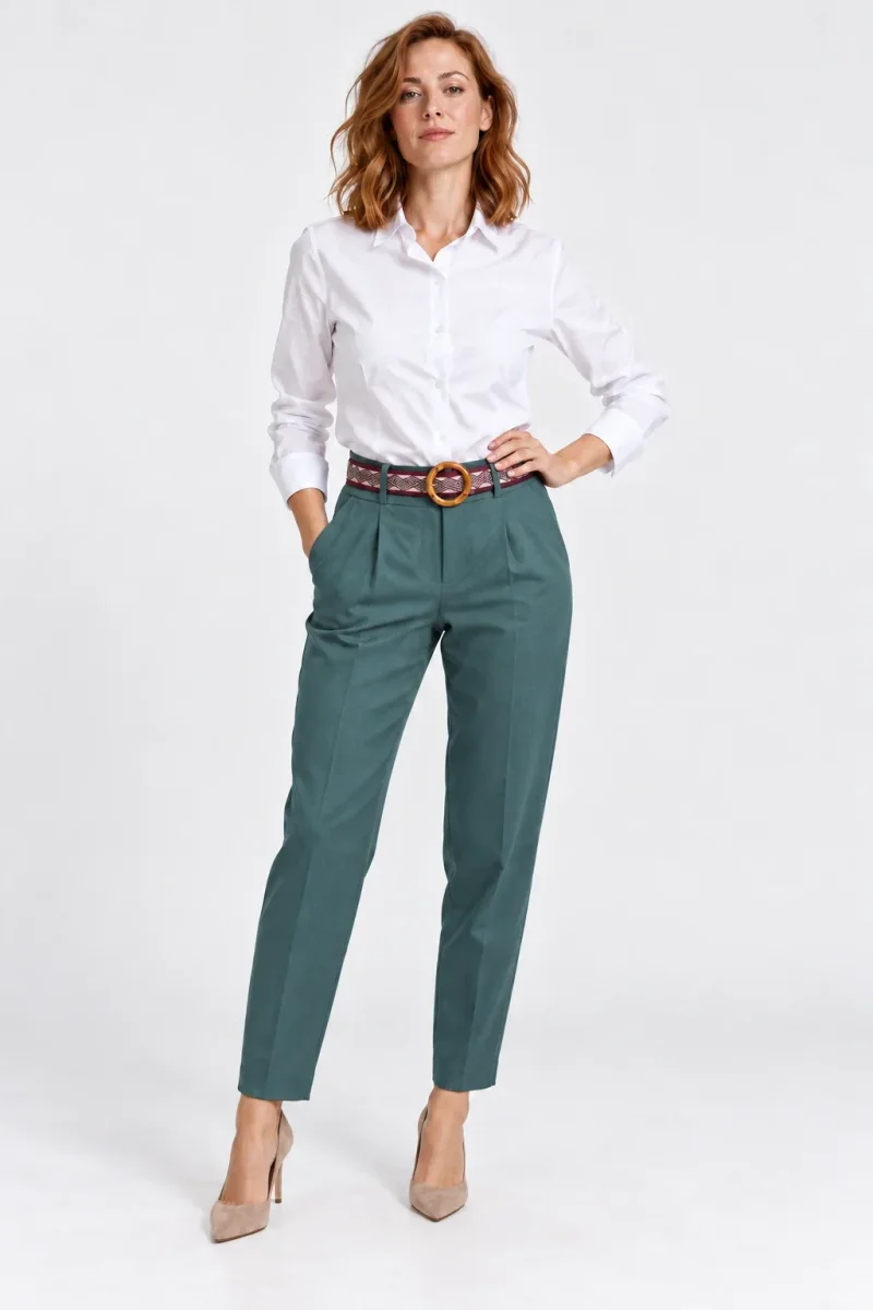 Pantaloni de toamna turcoaz inchis cu pense   croi relaxat, curea asortata inclusa