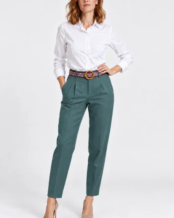 Pantaloni de toamna turcoaz inchis cu pense   croi relaxat, curea asortata inclusa