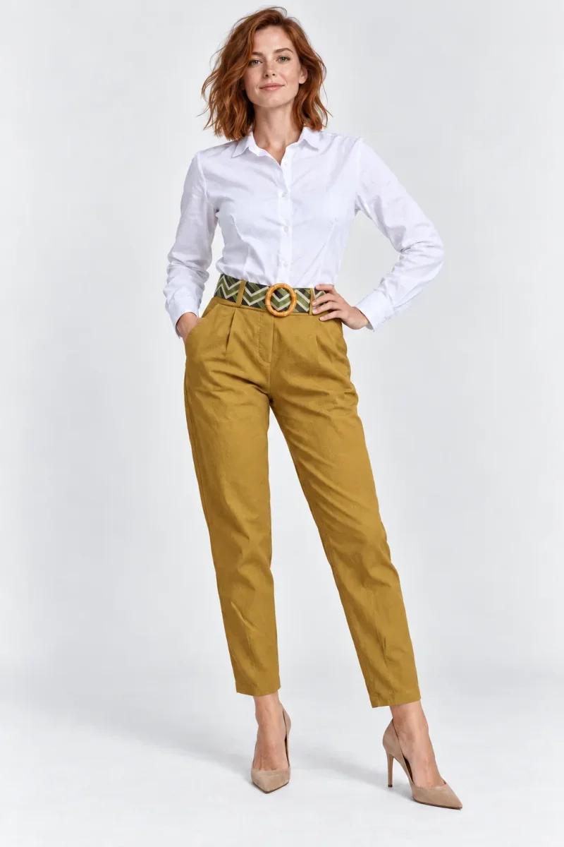 Pantaloni de toamna galben ocru cu pense   croi relaxat, curea asortata inclusa