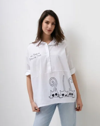 Camasa alba lalea, din poplin de bumbac cu pisici jucause