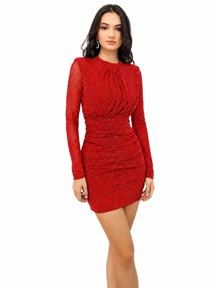 Rochie scurta de seara SheLLA, cu paiete, maneci din tul si fronseuri laterale, Rosu, Marime unica S/M
