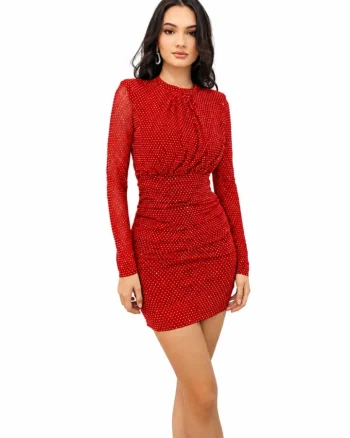 Rochie scurta de seara SheLLA, cu paiete, maneci din tul si fronseuri laterale, Rosu, Marime unica S/M