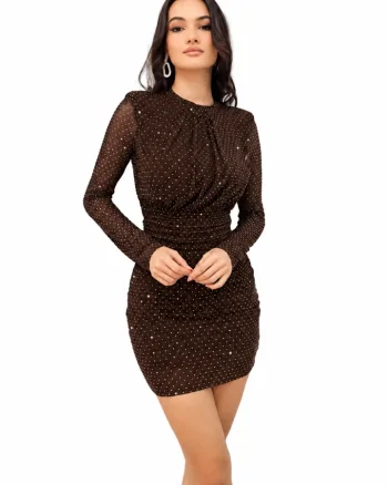 Rochie scurta de seara SheLLA, cu paiete, maneci din tul si fronseuri laterale, Maro, Marime unica S/M