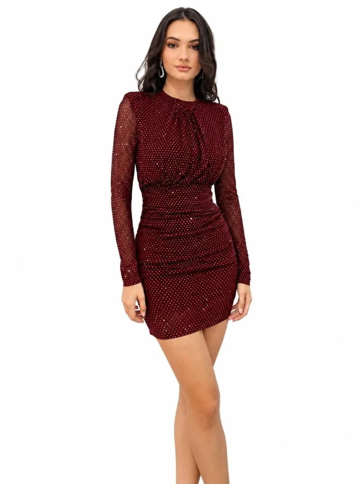 Rochie scurta de seara SheLLA, cu paiete, maneci din tul si fronseuri laterale, Bordeaux, Marime unica S/M