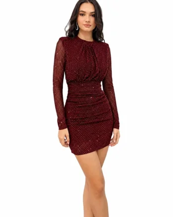 Rochie scurta de seara SheLLA, cu paiete, maneci din tul si fronseuri laterale, Bordeaux, Marime unica S/M