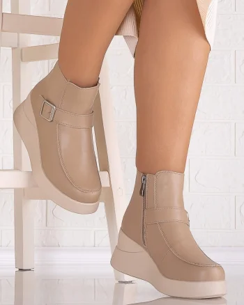 Ghete dama cu platforma Imblanite Khaki din Piele Naturala Sadila