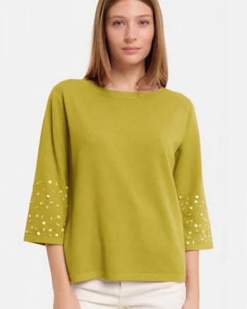 Pulover maneca 3 4 cu aplicatii manuale din paiete si margelute, din tricotaj fin, verde oliv