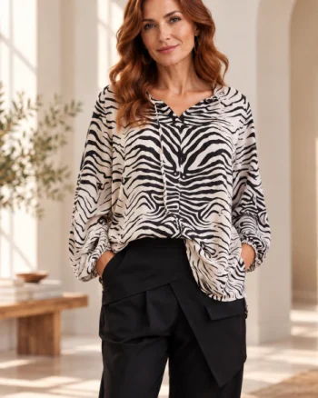Bluza eleganta din matase si vascoza cu imprimeu animal print zebra, alb si negru, croi lejer si maneci ample