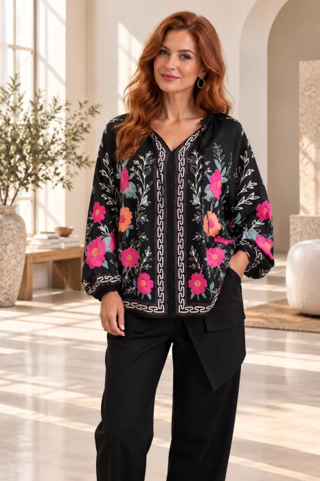 Bluza eleganta din matase si vascoza cu imprimeu floral pe fond negru, croi lejer si maneci ample