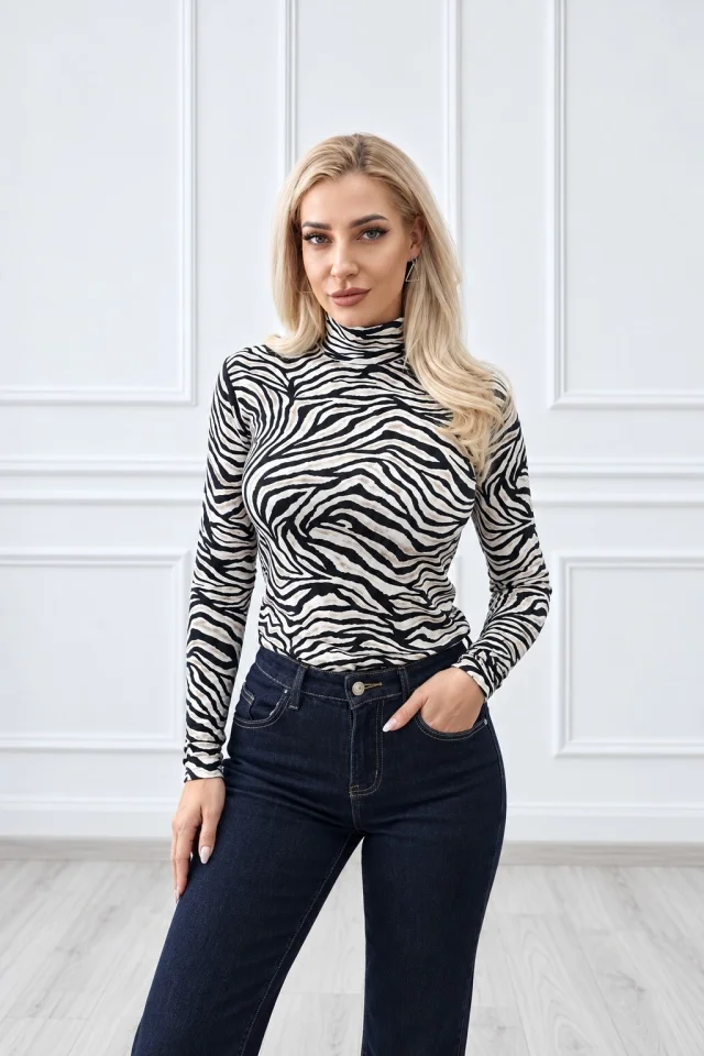 Maleta dama Lady Liza cu imprimeu zebra si guler inalt, Crem/Negru