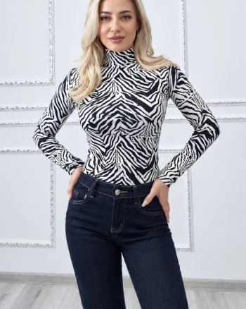 Maleta dama Lady Liza cu imprimeu zebra si guler inalt, Alb/Negru