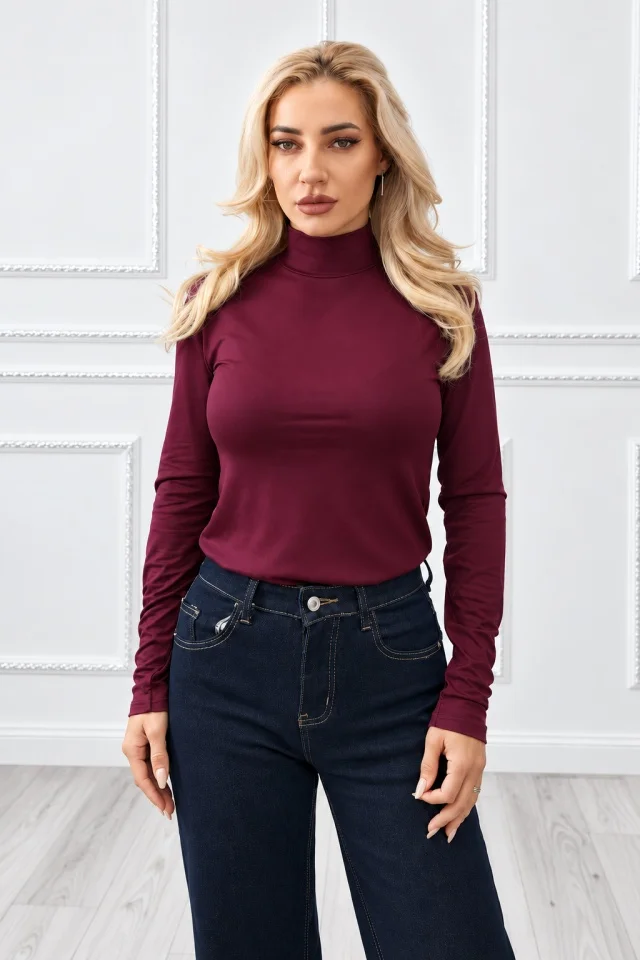 Bluza subtire Lady Liza uni, cu guler inalt si maneci lungi, Bordo