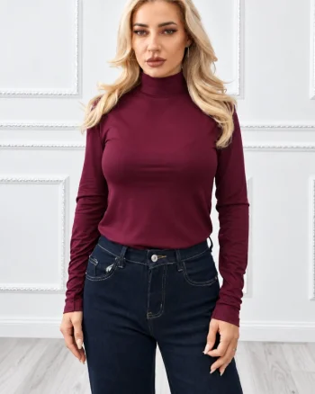 Bluza subtire Lady Liza uni, cu guler inalt si maneci lungi, Bordo