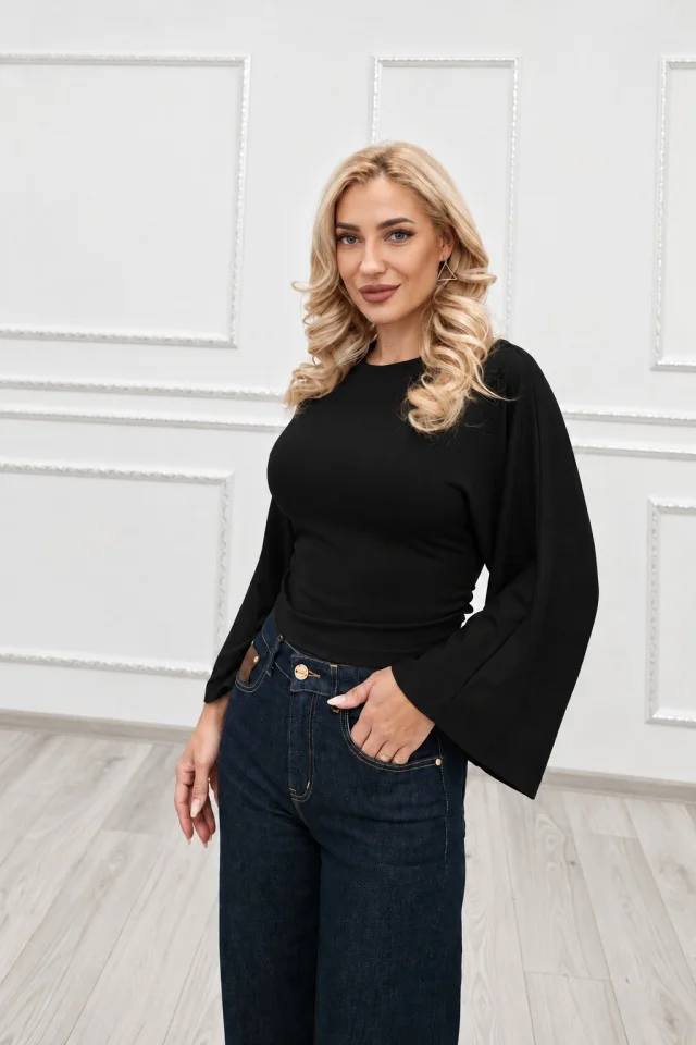 Bluza office OISO cambrata, cu maneci oversize si decolteu rotund, Negru