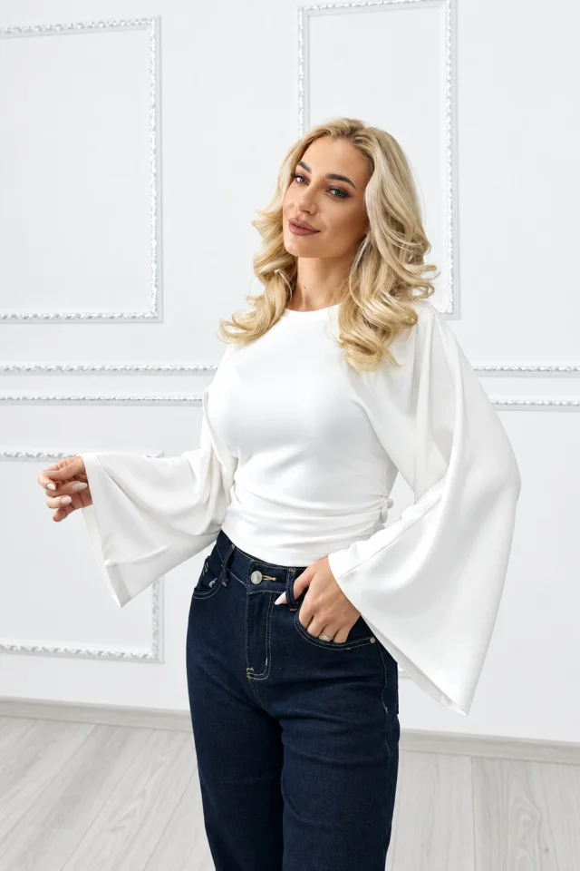 Bluza dama OISO cambrata, cu maneci oversize si decolteu rotund, Alb