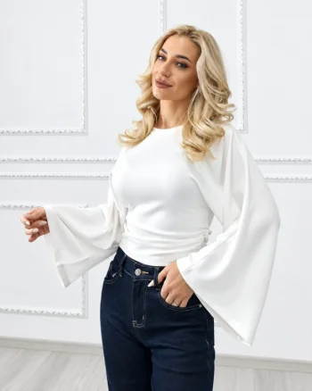 Bluza dama OISO cambrata, cu maneci oversize si decolteu rotund, Alb