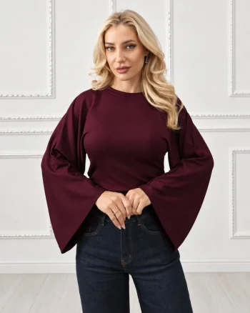 Bluza cambrata OISO, cu maneci oversize si decolteu rotund, Burgundy