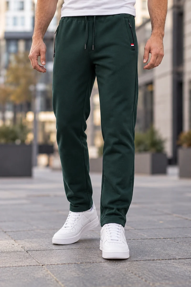 Pantaloni trening barbati, croiala dreapta, talie elastica cu snur si buzunare, verde inchis