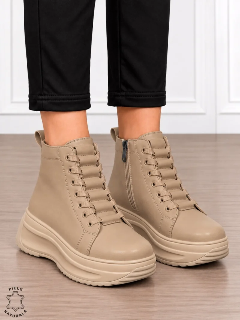 Ghete damă din piele naturală cu design modern și închidere dublă CRL1905 KHAKI