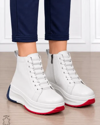 Ghete damă din piele naturală cu design modern și închidere dublă CRL1905 ALB