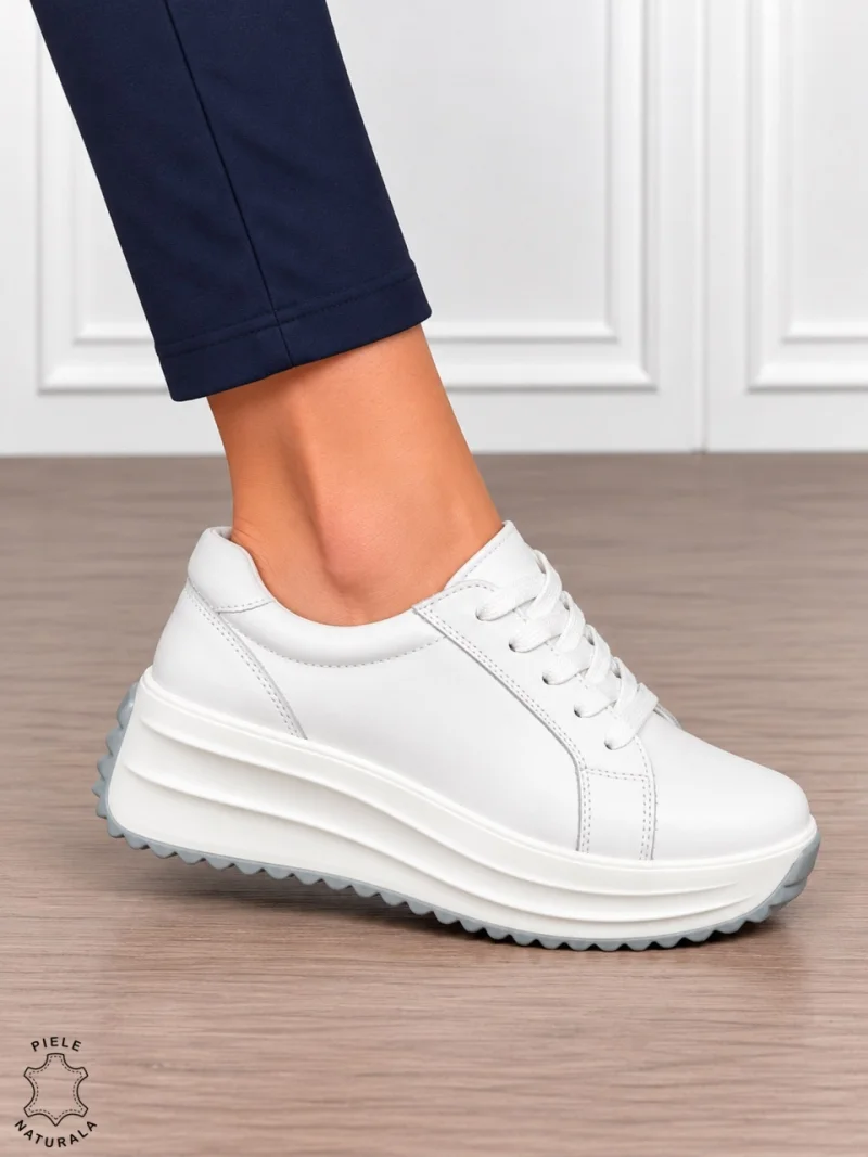 Pantofi damă din piele naturală cu stil urban și finisaje elegante CRL1907 ALB