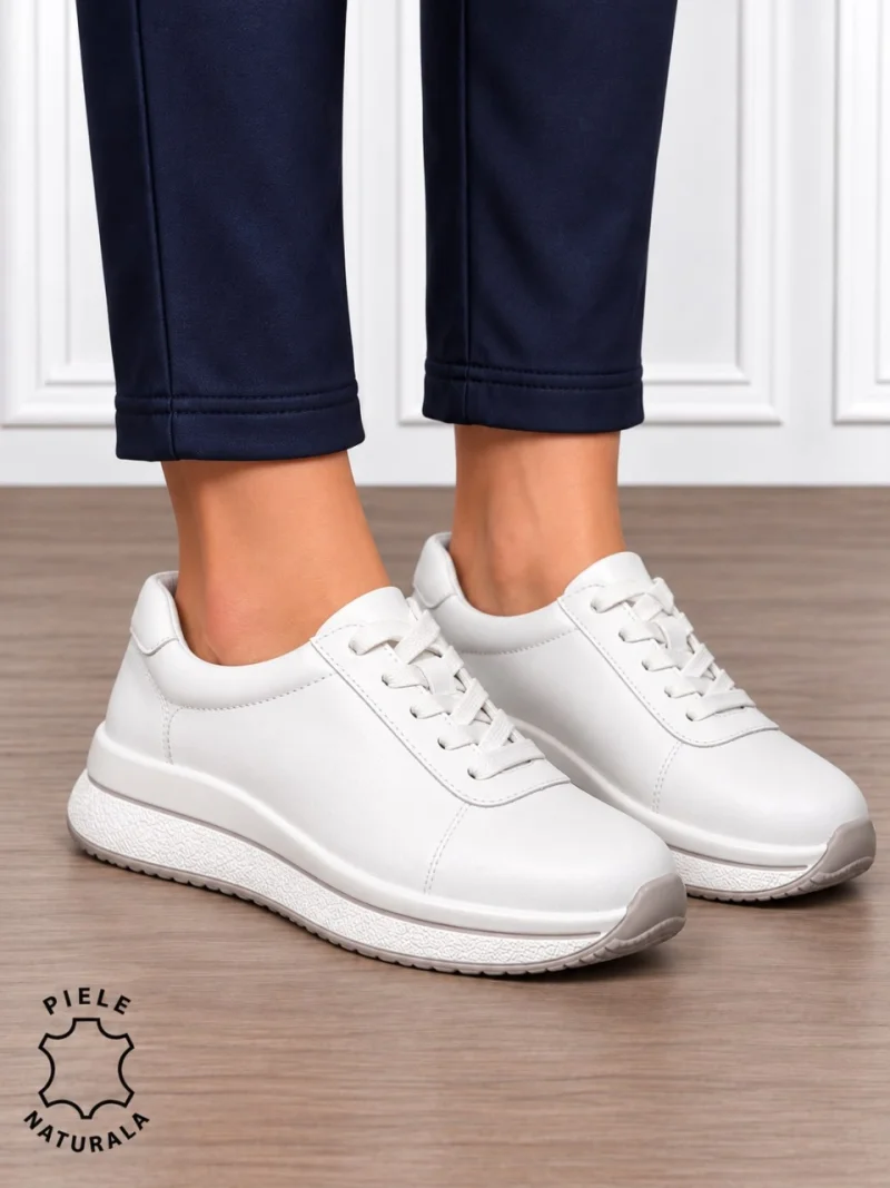 Pantofi casual din piele naturală pentru damă cu design versatil CRL1909 ALB