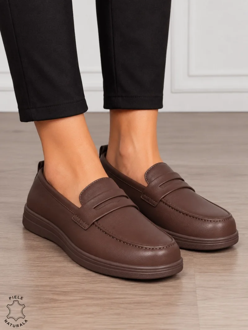 Mocasini damă din piele naturală cu finisaje clasice CRL1910 CAFENIU