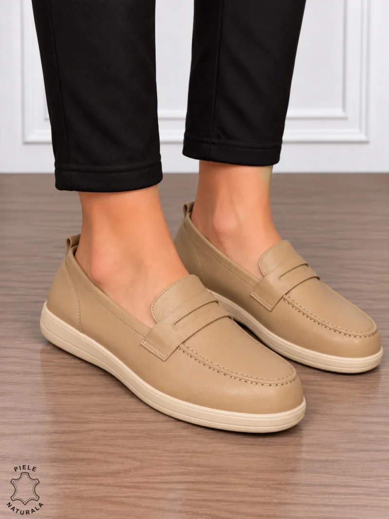Mocasini damă din piele naturală cu finisaje clasice CRL1910 KHAKI