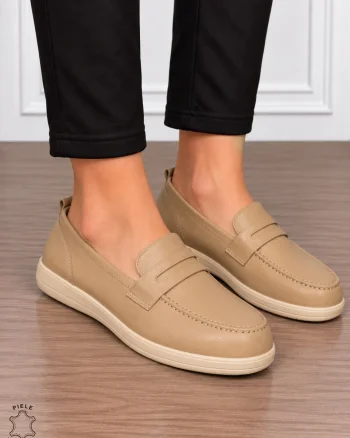 Mocasini damă din piele naturală cu finisaje clasice CRL1910 KHAKI