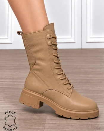 Ghete înalte damă din piele naturală, cu design modern CRL1912 KHAKI