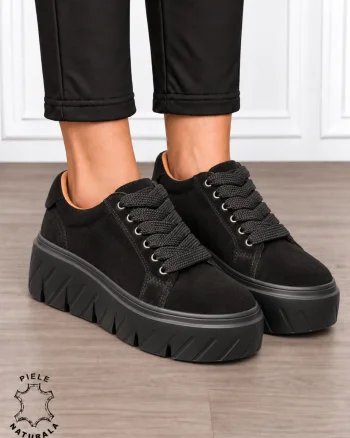 Pantofi casual damă din piele naturală Intoarsa cu talpă Speciala inalta CRL1913 NEGRU