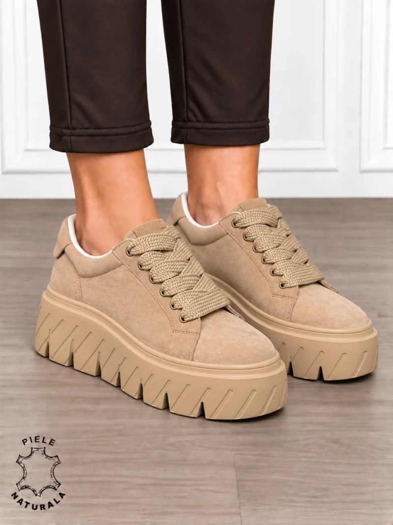 Pantofi casual damă din piele naturală Intoarsa cu talpă Speciala inalta CRL1913 KHAKI