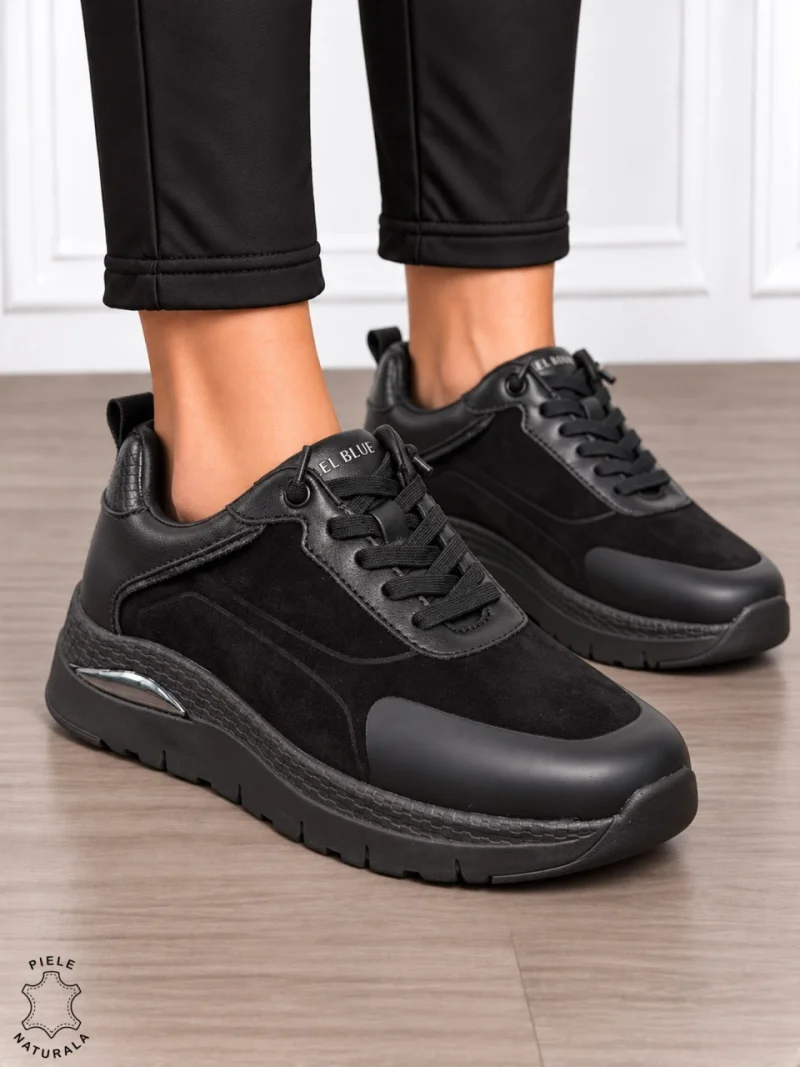 Pantofi casual damă din piele naturală întoarsă cu finisaj catifelat CRL1914 NEGRU