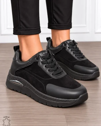 Pantofi casual damă din piele naturală întoarsă cu finisaj catifelat CRL1914 NEGRU