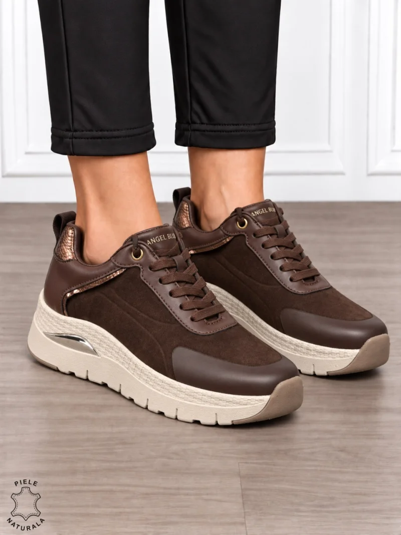 Pantofi casual damă din piele naturală întoarsă cu finisaj catifelat CRL1914 CAFENIU