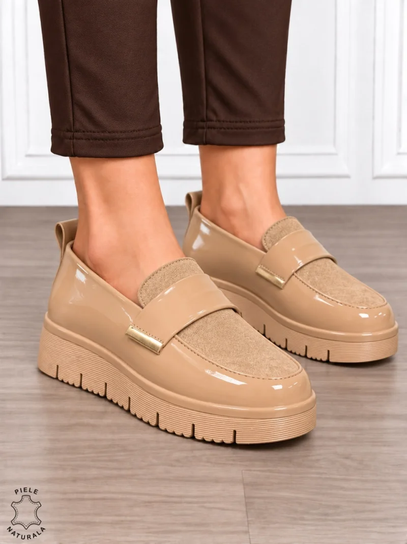 Mocasini damă din piele naturală lăcuită cu stil clasic CRL1915 KHAKI