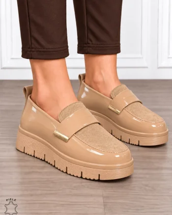Mocasini damă din piele naturală lăcuită cu stil clasic CRL1915 KHAKI