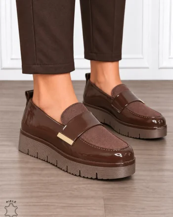 Mocasini damă din piele naturală lăcuită cu stil clasic CRL1915 CAFENIU