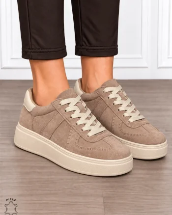 Pantofi casual damă din piele naturală întoarsă cu model lateral CRL1918 KHAKI