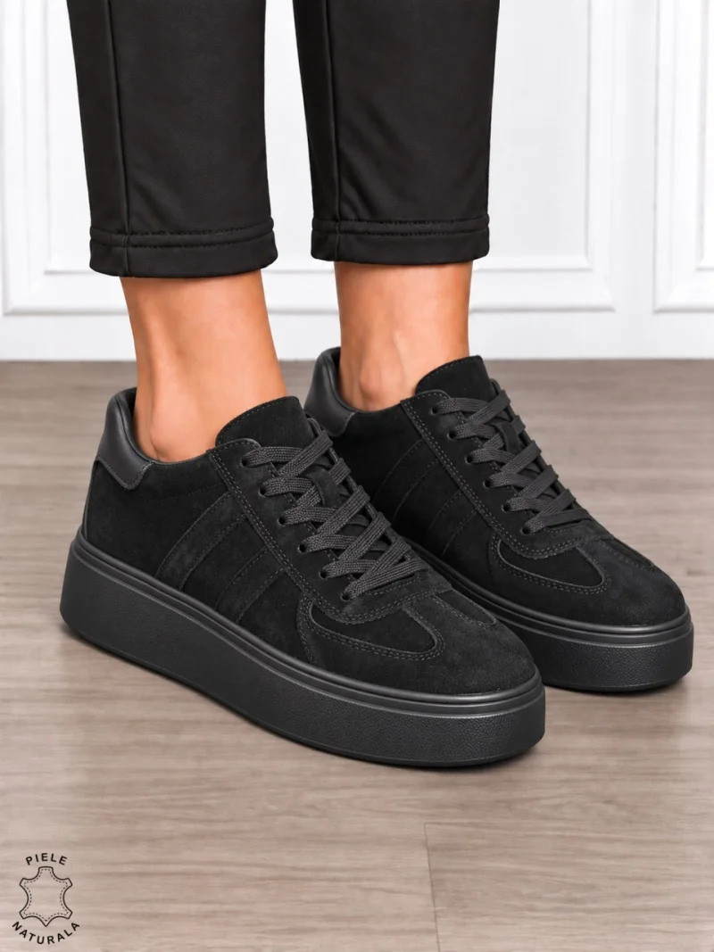 Pantofi casual damă din piele naturală întoarsă cu model lateral CRL1918 NEGRU