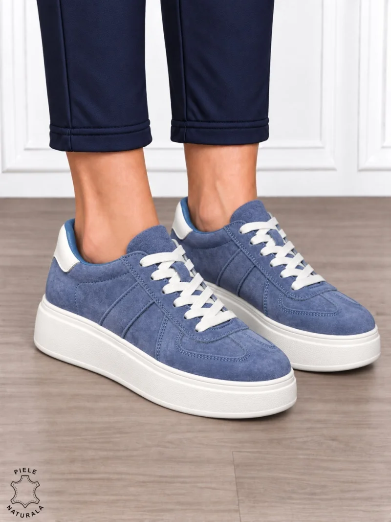 Pantofi casual damă din piele naturală întoarsă cu model lateral CRL1918 ALBASTRU