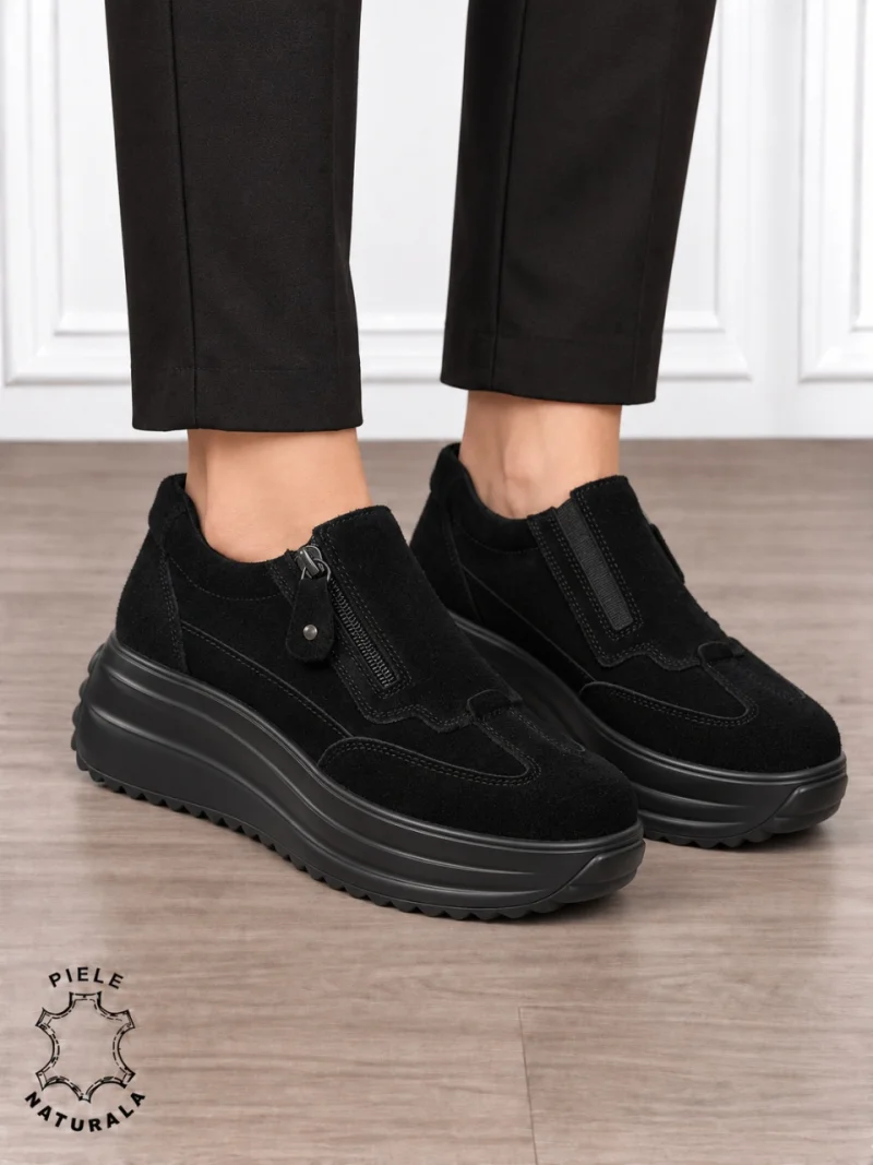 Pantofi casual din piele naturală întoarsă cu inchidere fermoar CRL1919 Negru