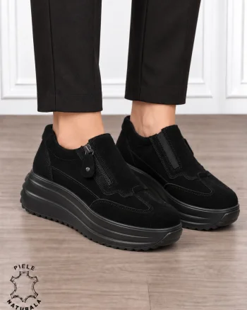 Pantofi casual din piele naturală întoarsă cu inchidere fermoar CRL1919 Negru