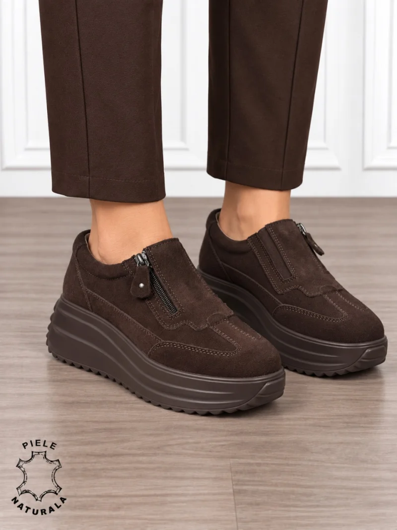 Pantofi casual din piele naturală întoarsă cu inchidere fermoar CRL1919 CAFENIU