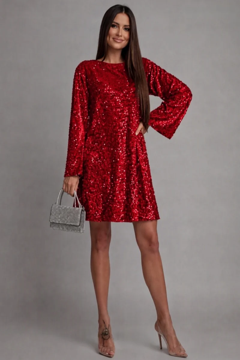 Rochie rosie din catifea cu paiete scurta croi A cu fundița si maneca lunga Glossy