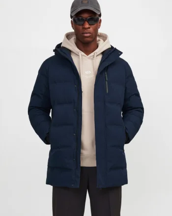 Jack & Jones Geaca lunga barbati, PUFFER, cu gluga, Regular fit, ALPHA, Bleumarin inchis (SELECTATI MARIMEA: S)