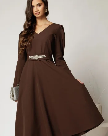 Rochie midi clos maro cu cordon detasabil cu aplicatii