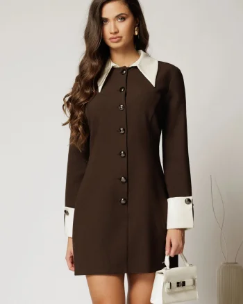 Rochie DY Fashion maro cu guler si mansete in contrast